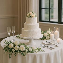 a traditional white wedding cake on table