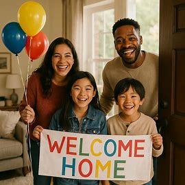 family with a welcome home sign